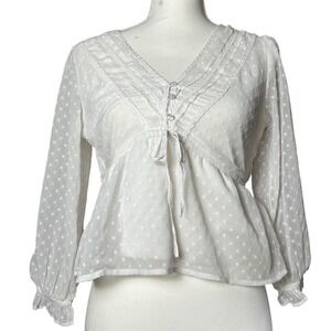Ivory Swiss Dot Blouse Button Front Tie V Neck Long Sleeve Top Coquette‎ Small